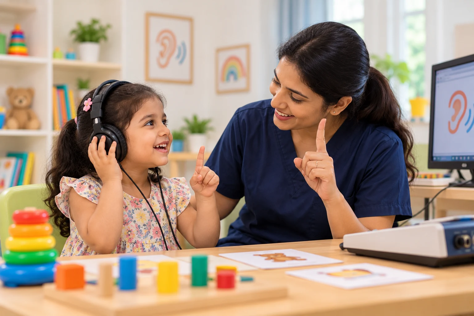 Parent and child with a clinician during a hearing consultation